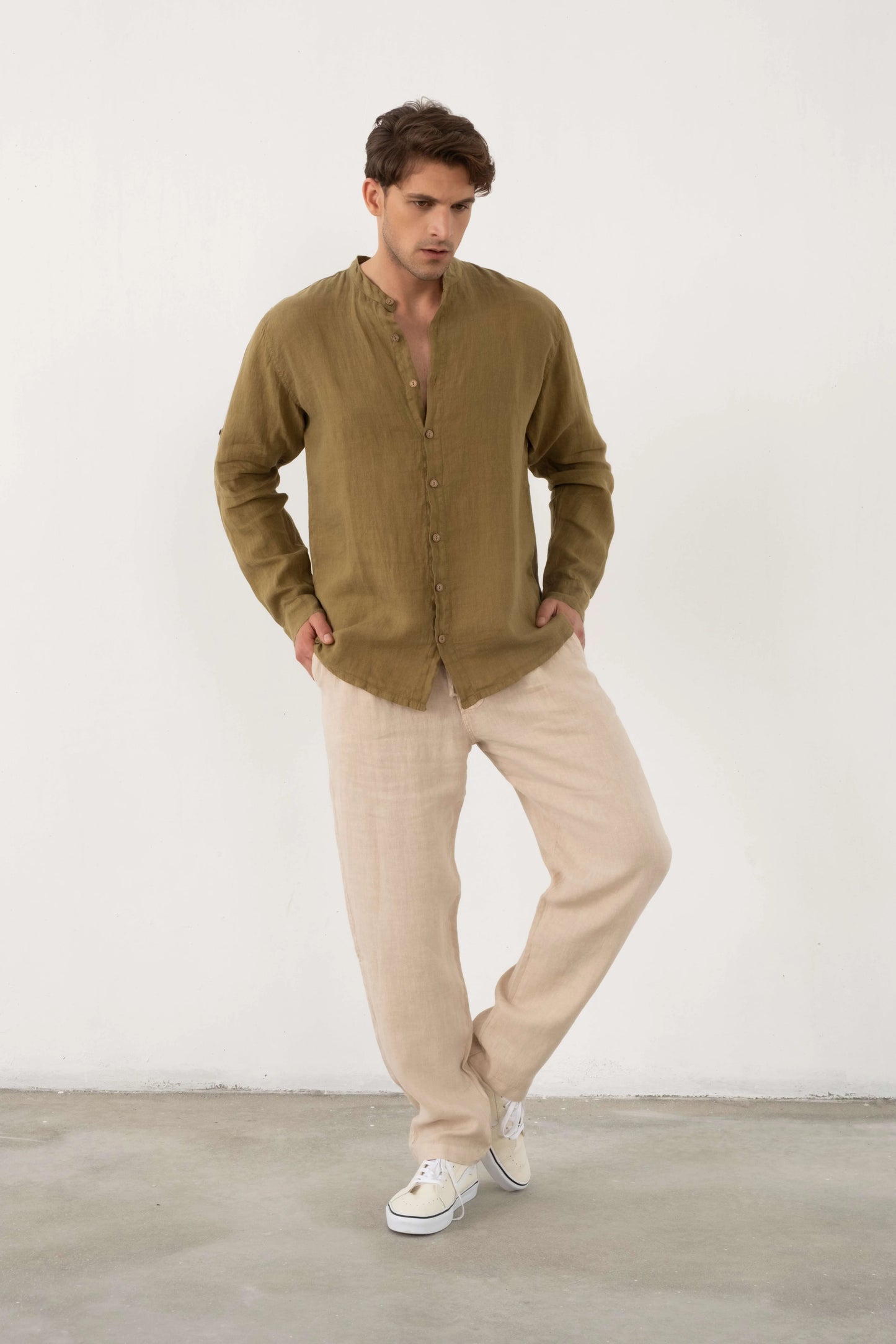 MEN PURE LINEN BANDED COLLAR SHIRT KHAKI