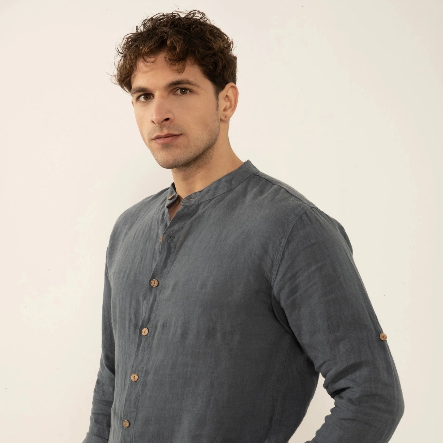 MEN PURE LINEN BANDED COLLAR SHIRT PATROL