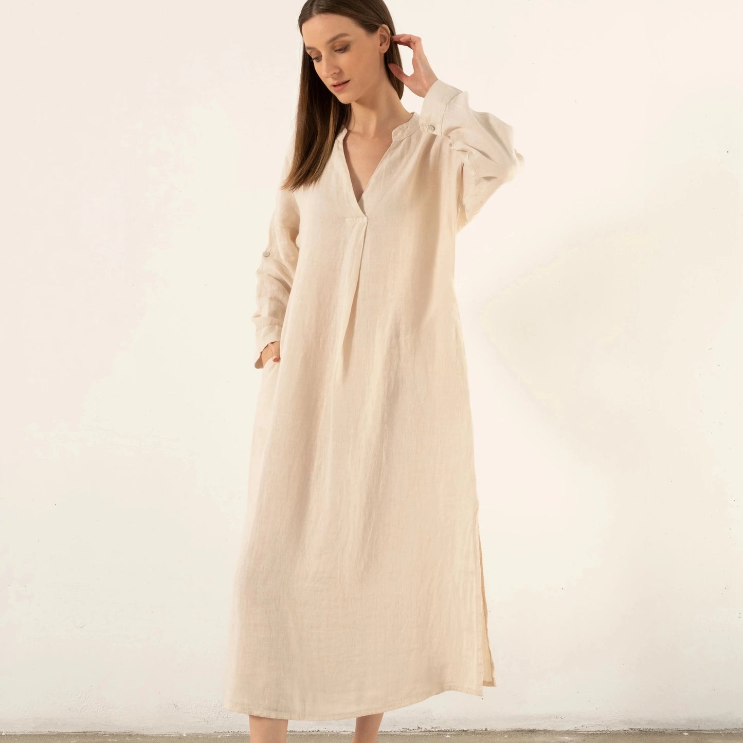 SHIRT COLLAR PURE LINEN DRESS