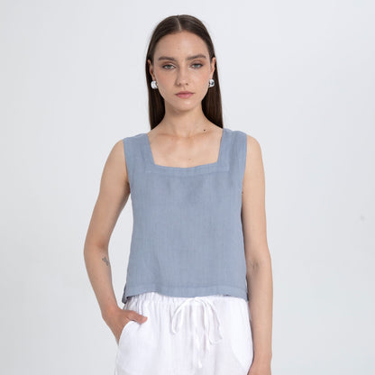 Sleeveless Linen Blouse with Square Neckline