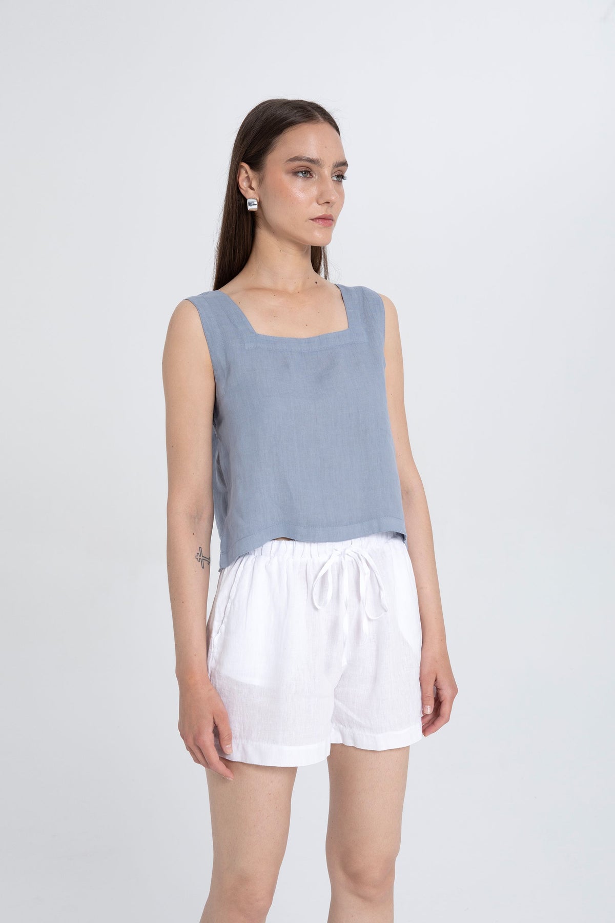 Sleeveless Linen Blouse with Square Neckline