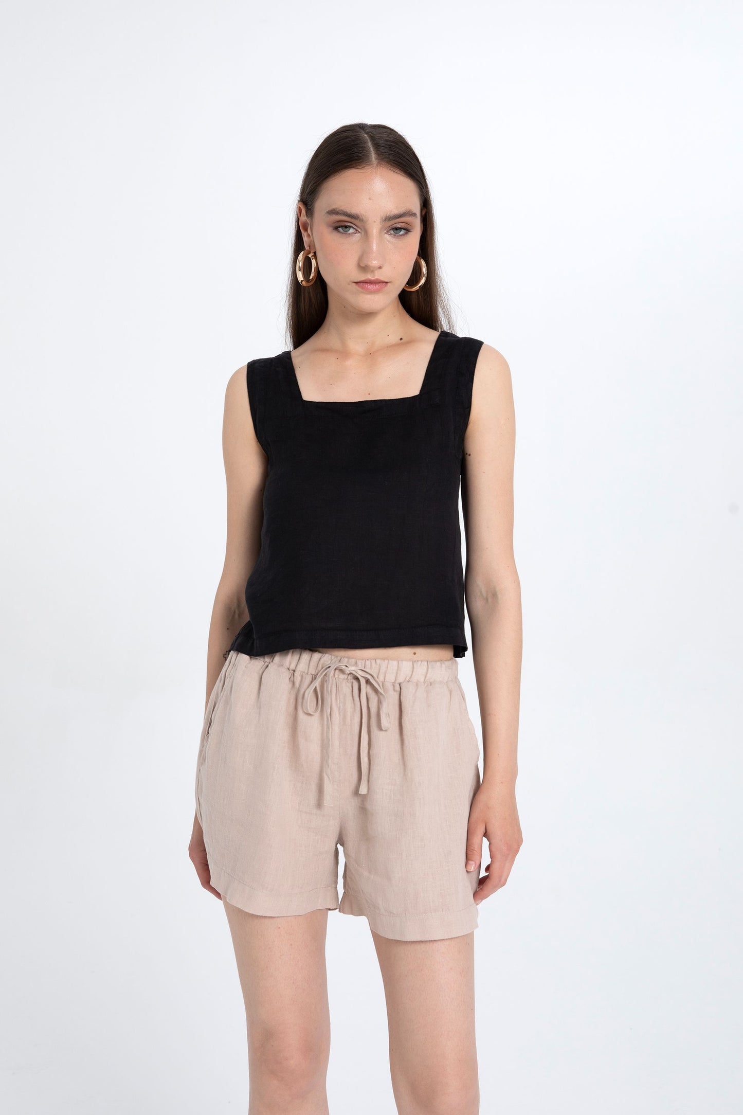 Sleeveless Linen Blouse with Square Neckline