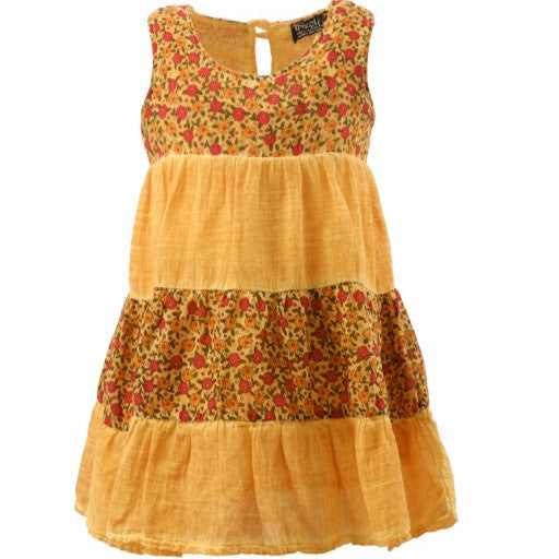 Yellow dress with floral patterns on a white background