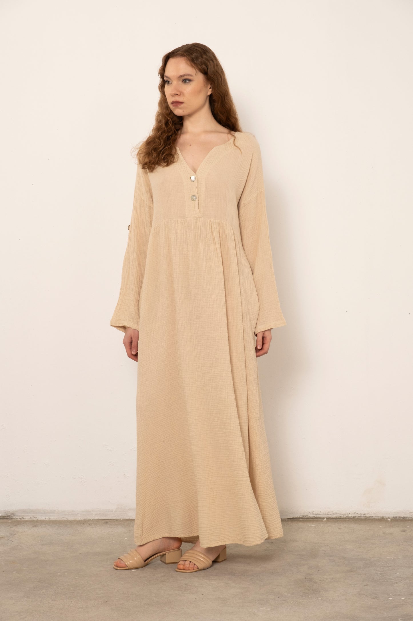 Muslin Front Buttoned Loose Dress