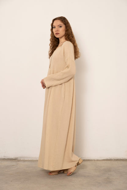 Muslin Front Buttoned Loose Dress