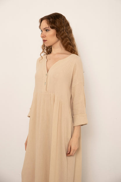 Muslin Front Buttoned Loose Dress