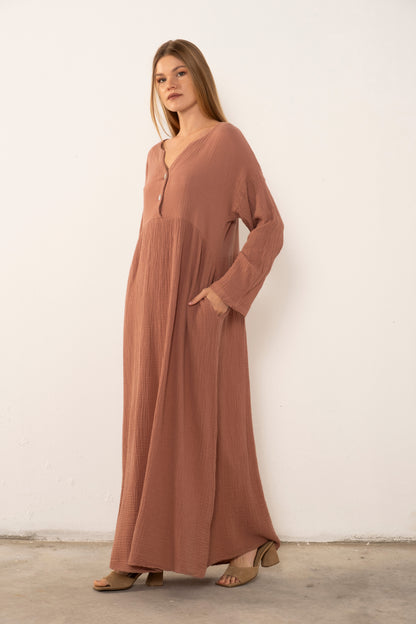 Muslin Front Buttoned Loose Dress