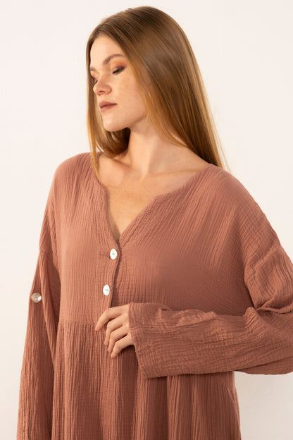 Muslin Front Buttoned Loose Dress
