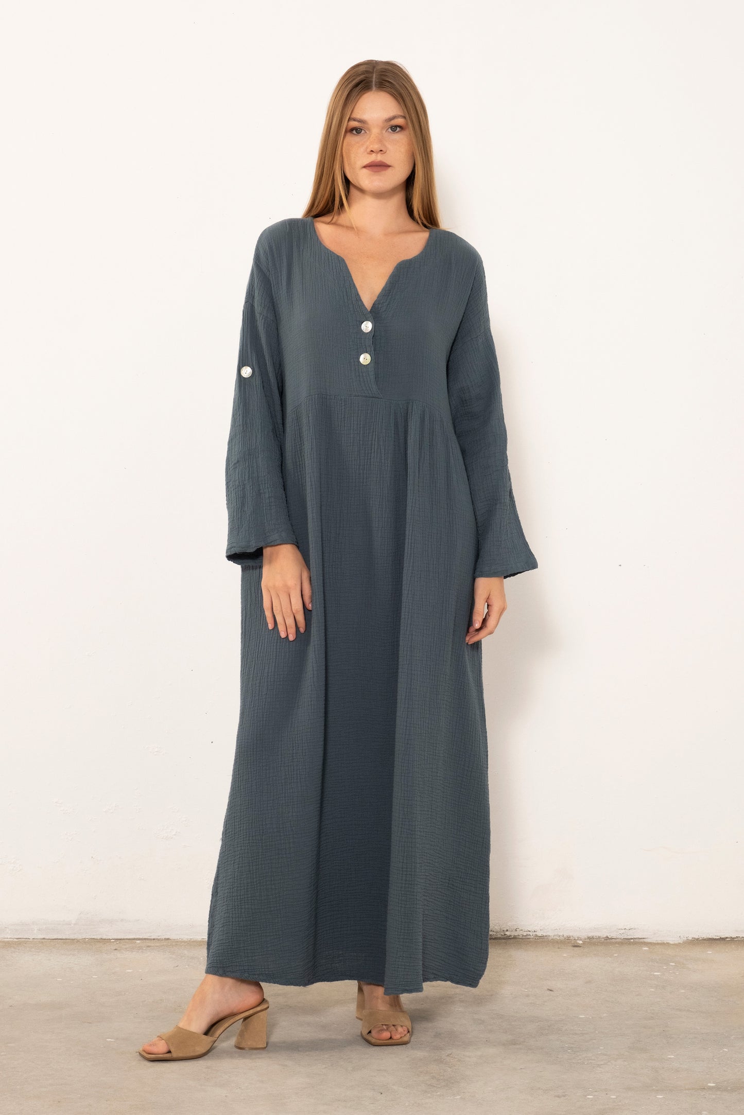 Muslin Front Buttoned Loose Dress