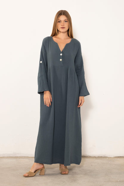 Muslin Front Buttoned Loose Dress