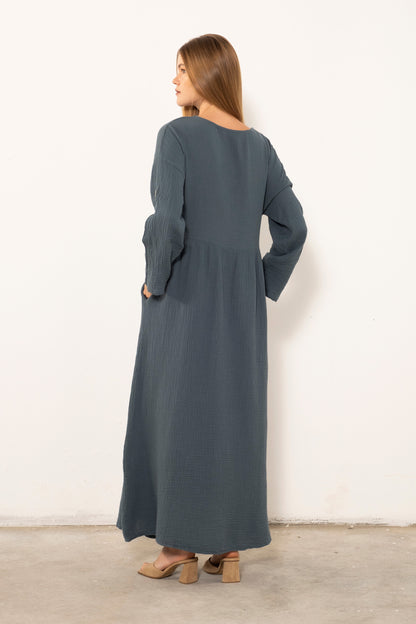 Muslin Front Buttoned Loose Dress