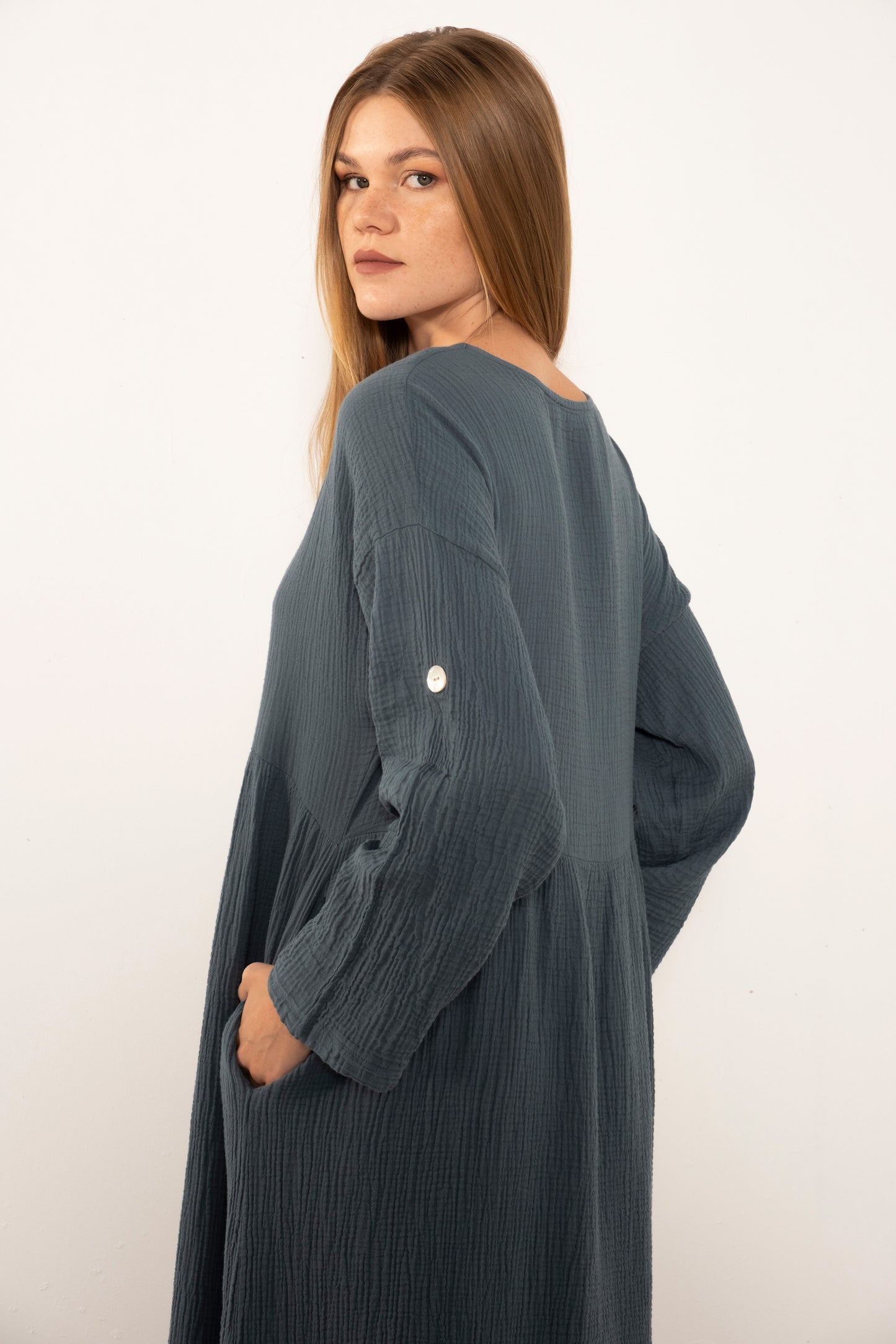Muslin Front Buttoned Loose Dress
