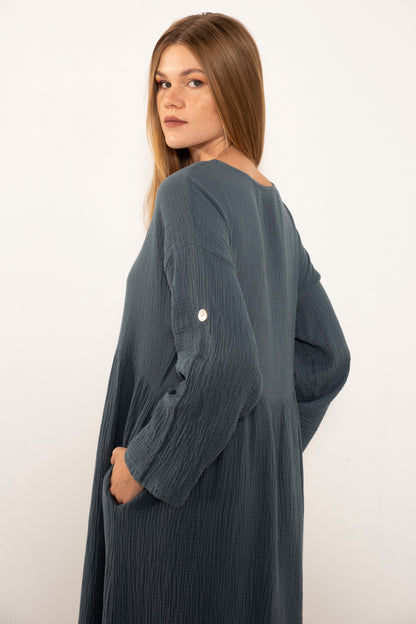 Muslin Front Buttoned Loose Dress
