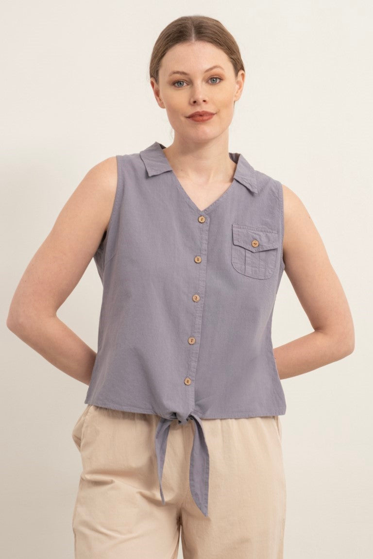 Women Collared Front Tied Sleeveless Shirt