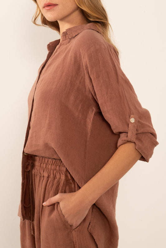 SPLIT NECK LINEN SHIRT
