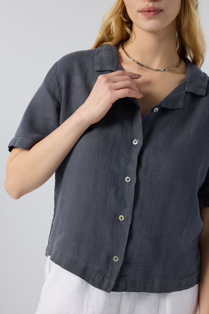 Short Sleeve Relaxed Collar Linen Shirt