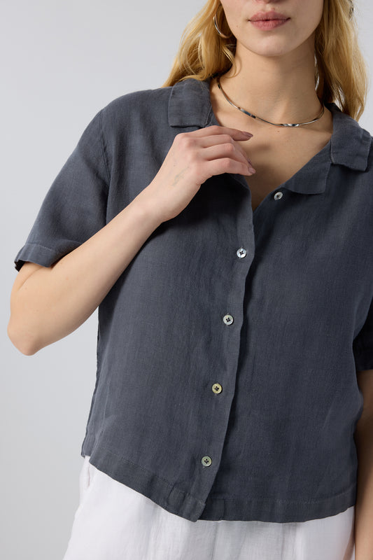 Short Sleeve Relaxed Collar Linen Shirt