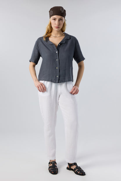 Short Sleeve Relaxed Collar Linen Shirt
