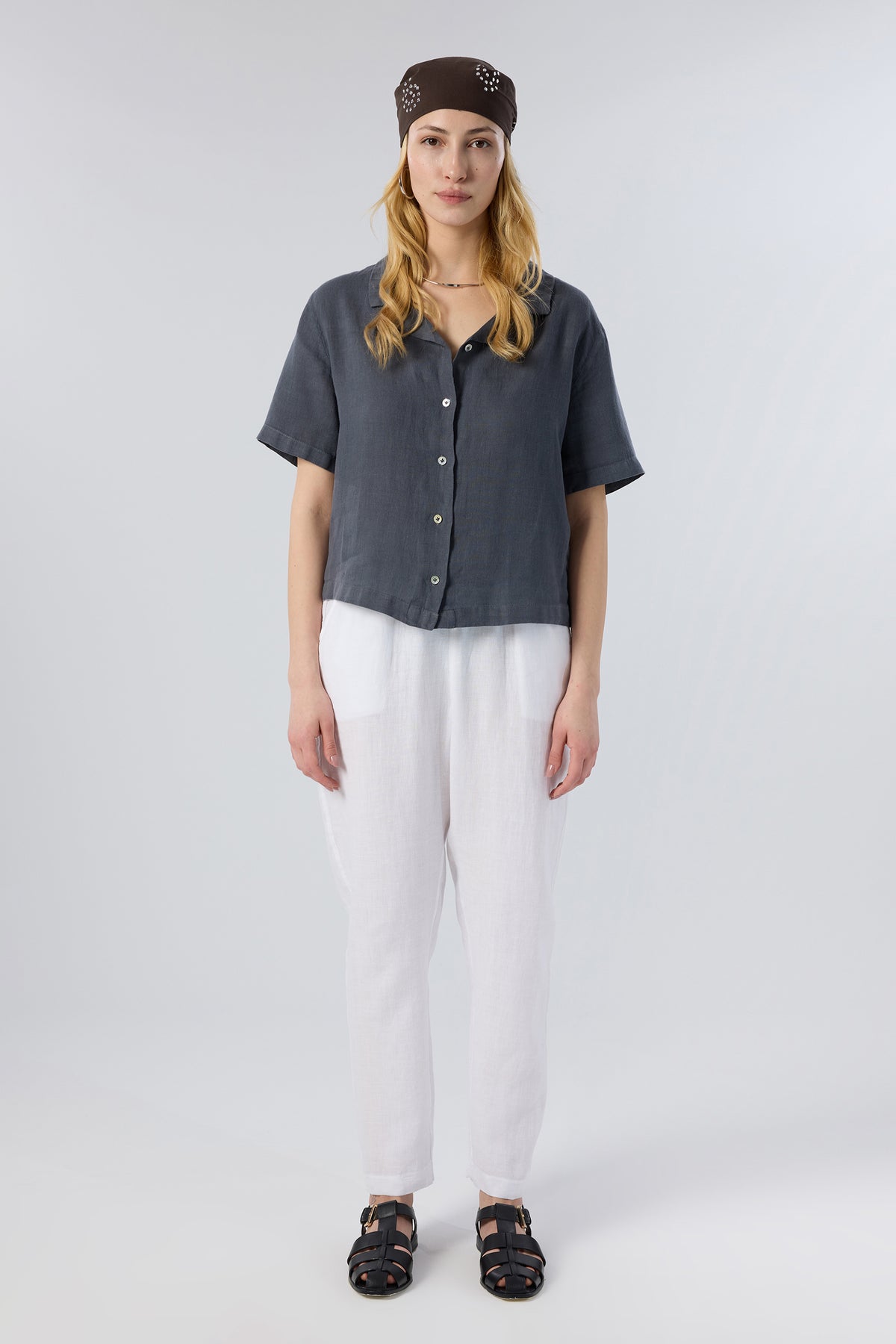 Short Sleeve Relaxed Collar Linen Shirt