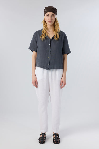 Short Sleeve Relaxed Collar Linen Shirt