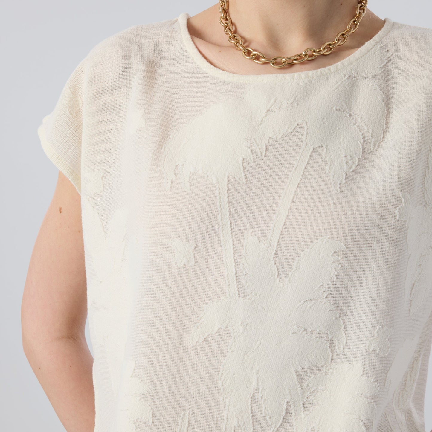 Palm Patterned Textured Cotton Off Shoulder Blouse