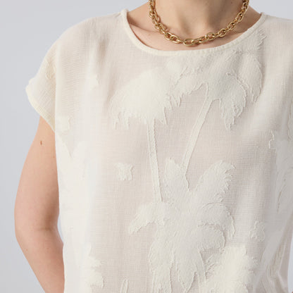 Palm Patterned Textured Cotton Off Shoulder Blouse