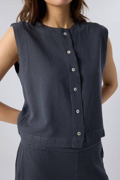 Round Neck Sleeveless with Pearl Buttons