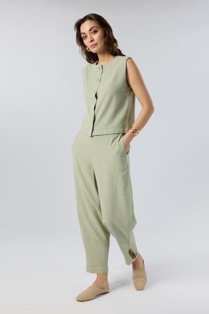 Round Neck Sleeveless with Pearl Buttons