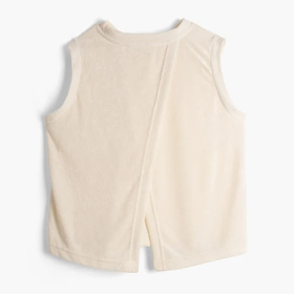 A sleeveless cream-colored knit vest with a unique wrap-around back design, shown flat against a white background.