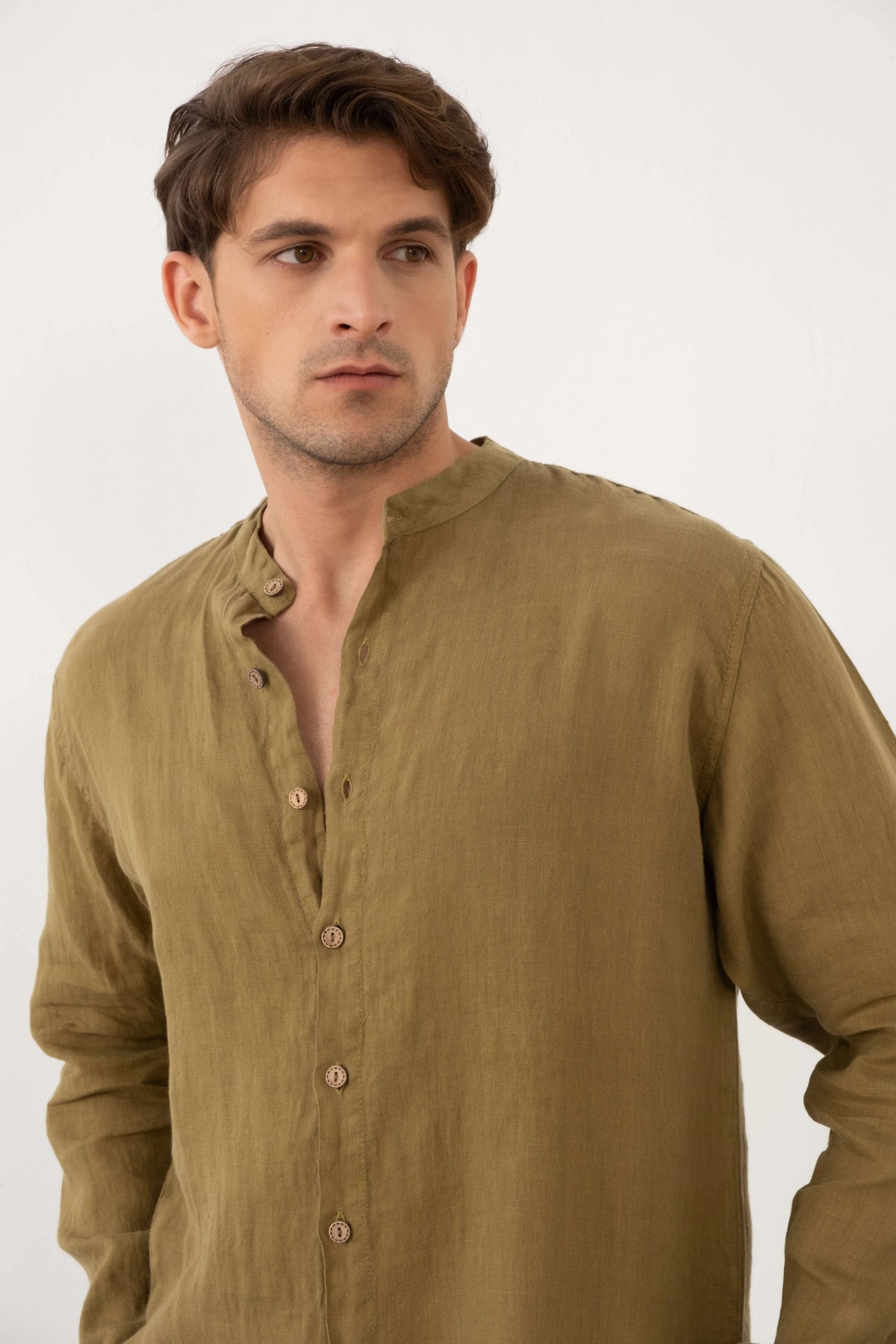 Men's Pure Linen Banded Collar Shirt