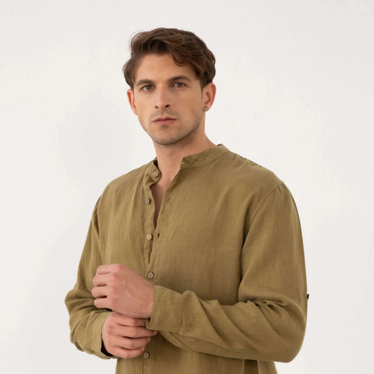 MEN PURE LINEN BANDED COLLAR SHIRT KHAKI