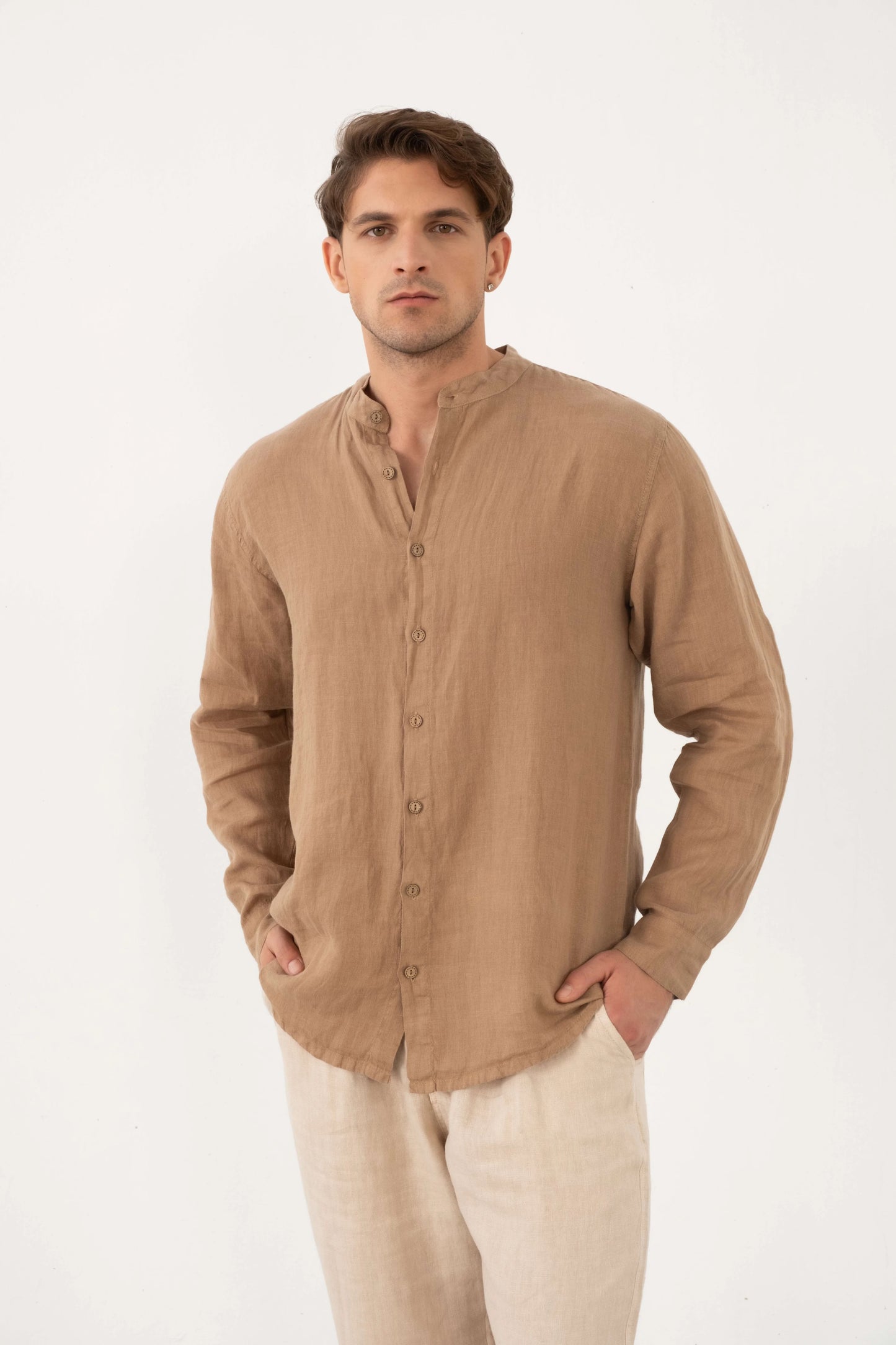 MEN PURE LINEN BANDED COLLAR SHIRT MOCHA