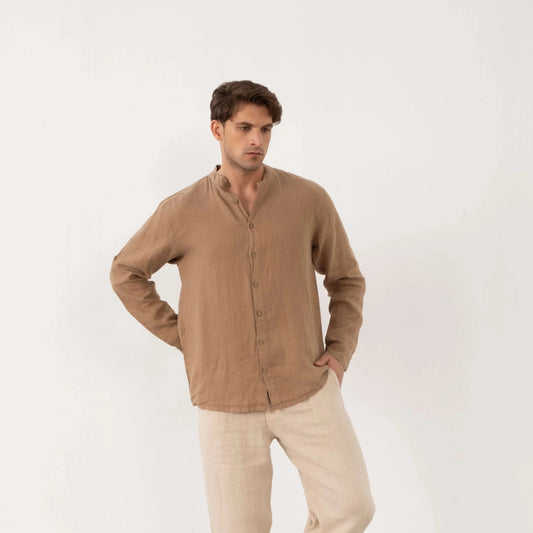 MEN PURE LINEN BANDED COLLAR SHIRT MOCHA