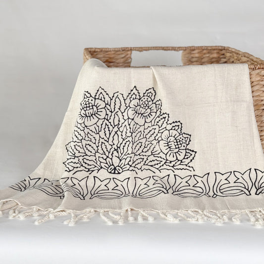 Decorative throw blanket with floral pattern and tassels on a woven basket against a light background