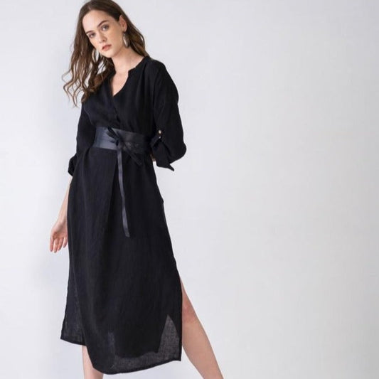 SHIRT COLLAR PURE LINEN DRESS