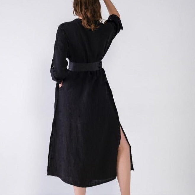 SHIRT COLLAR PURE LINEN DRESS