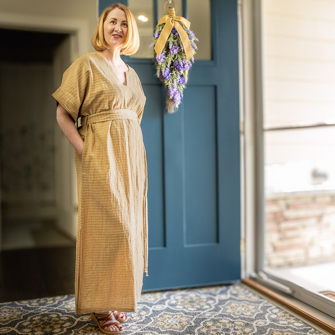WOVEN KAFTAN DRESS WITH BELT