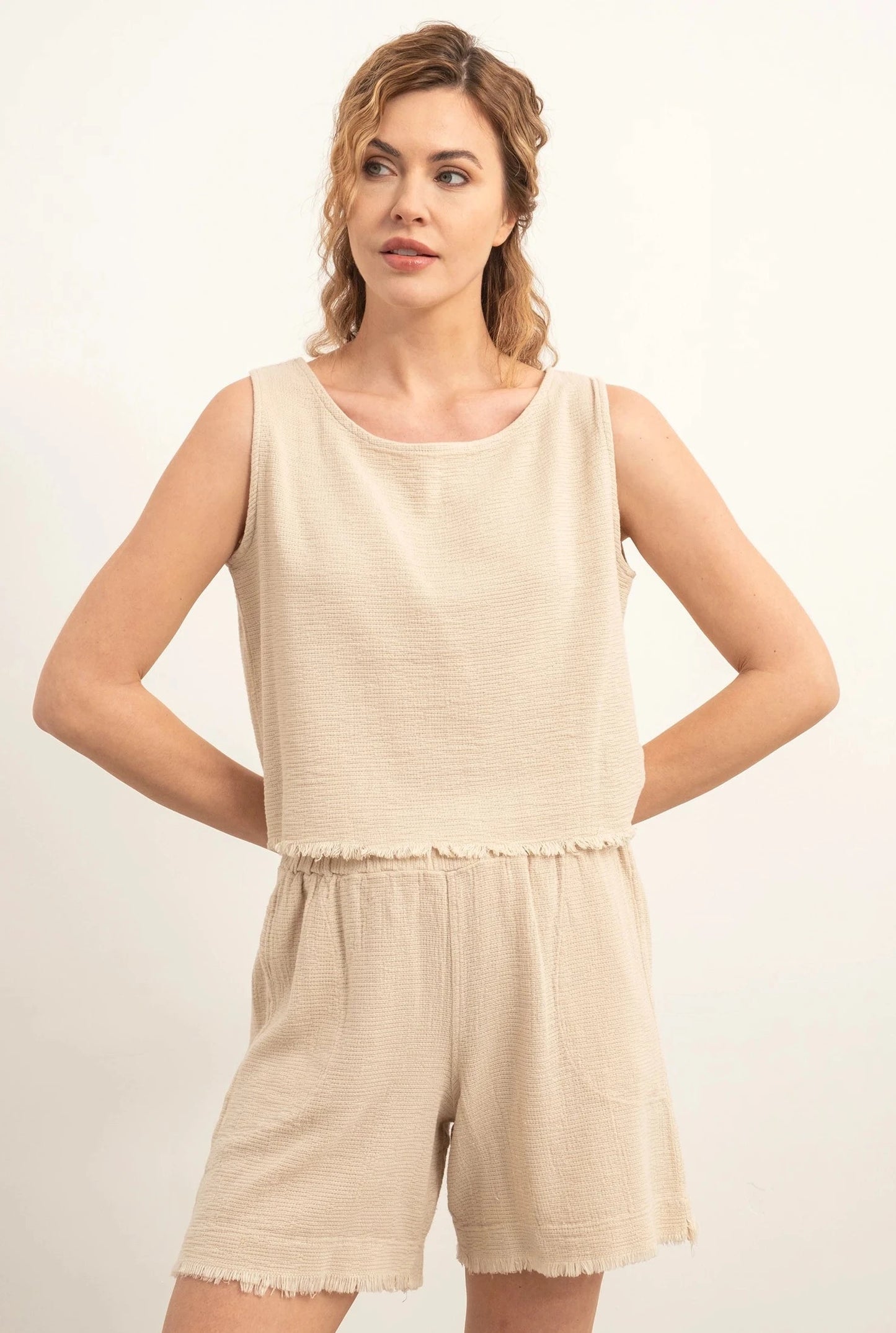 FRINGED COTTON SHORTS BEIGE
