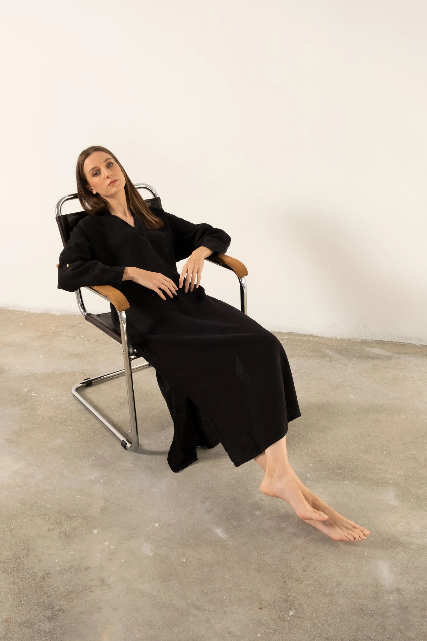 SHIRT COLLAR PURE LINEN DRESS