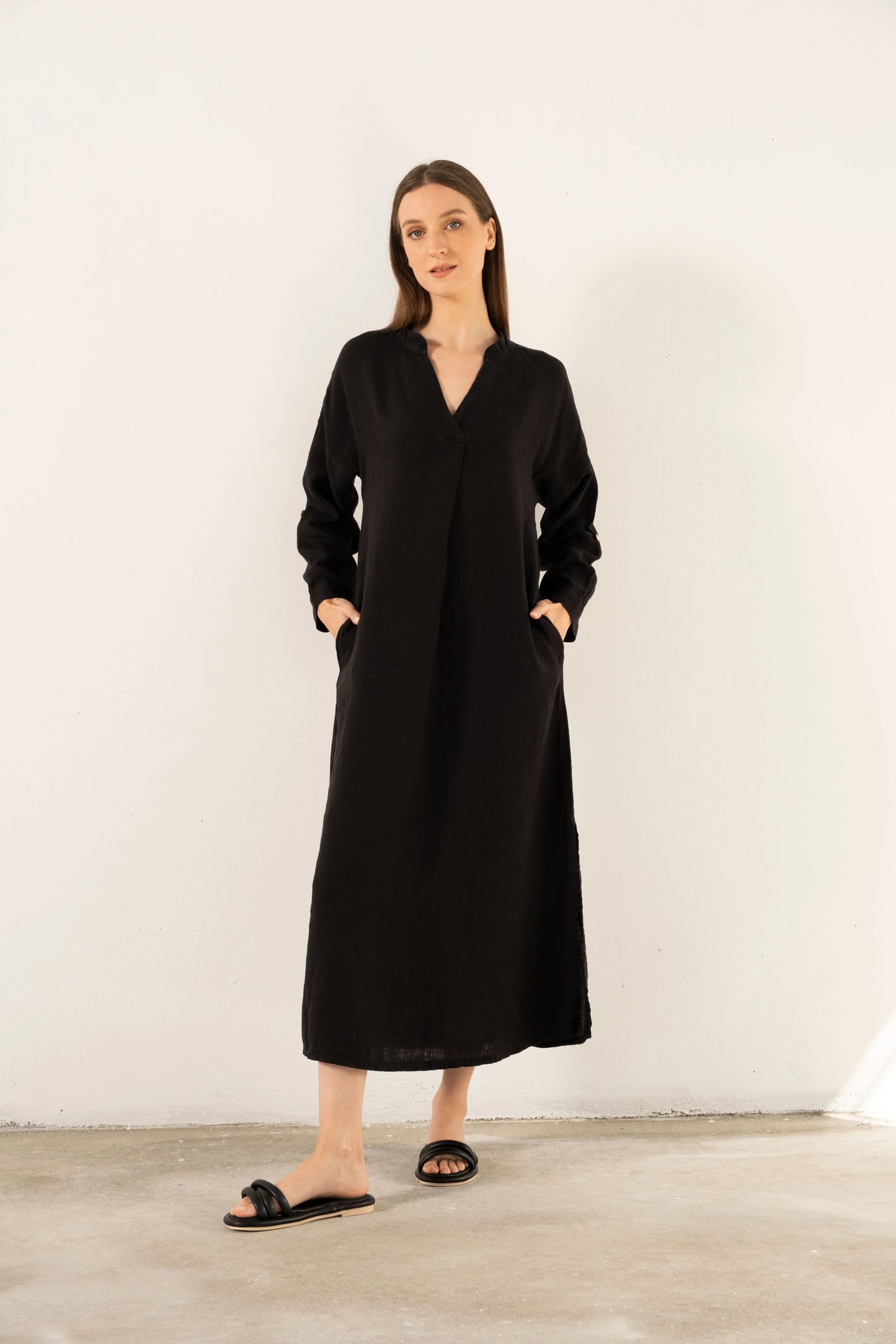 SHIRT COLLAR PURE LINEN DRESS