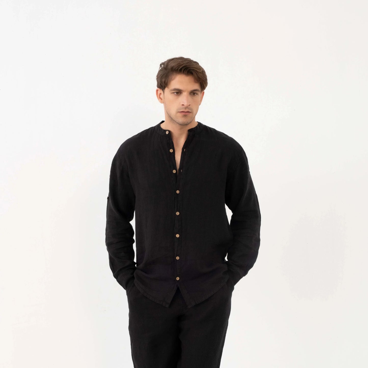 MEN PURE LINEN BANDED COLLAR SHIRT BLACK