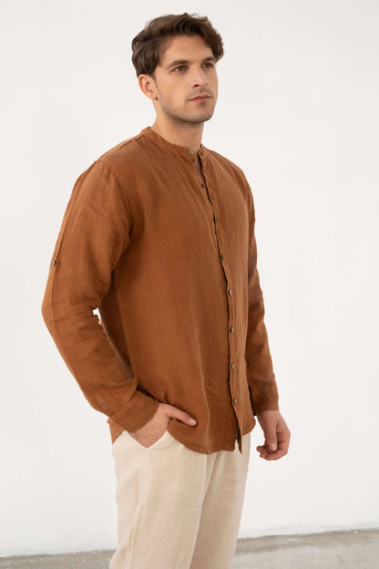 Men's Pure Linen Banded Collar Shirt