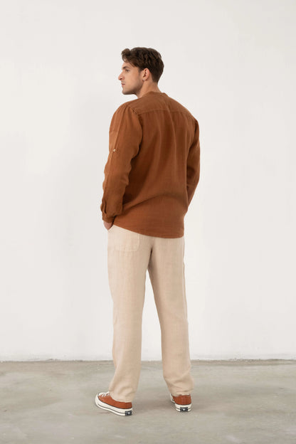 Men's Pure Linen Banded Collar Shirt