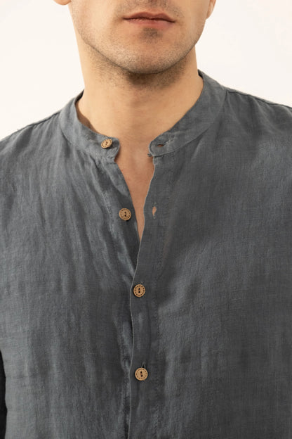 Men's Pure Linen Banded Collar Shirt