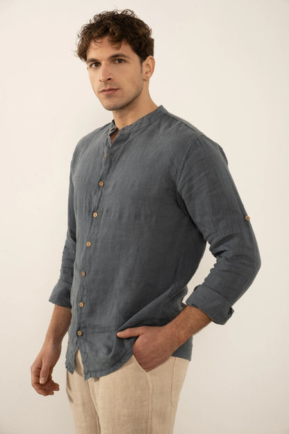 Men's Pure Linen Banded Collar Shirt