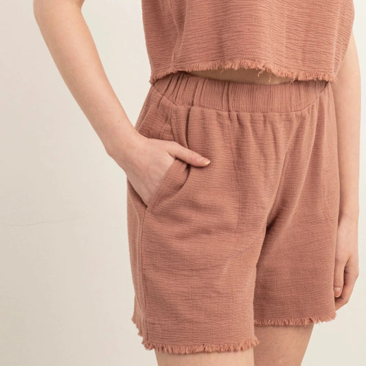 FRINGED COTTON SHORTS ROSE