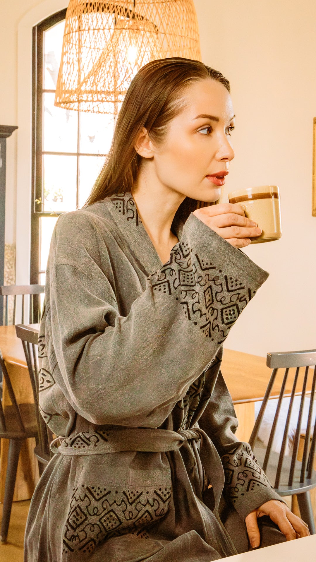 STONE WASHED HAND PAINTED LINEN GREY ROBE