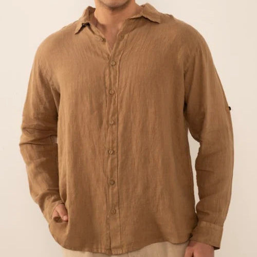 MEN PURE CLASSIC LINEN SHIRT BROWN
