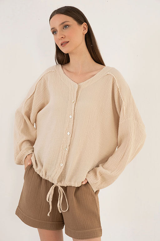 MUSLIN BUTTON UP V NECK TOP