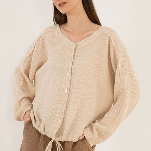 MUSLIN BUTTON UP V NECK TOP